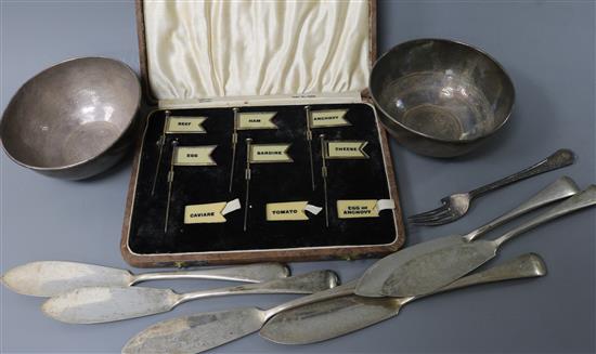 A 1930s cased set of six silver sandwich markers, with sixteen assorted naming plaques, Adolf Scott Ltd, Birmingham, 1936 & other item